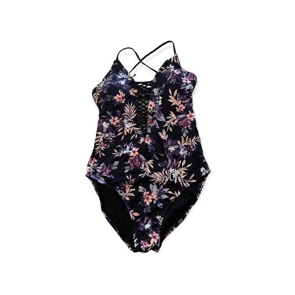 AMBRIELLE Floral One Piece Swimsuit Cut Out Back Modest Built Padded Bra M - Picture 3 of 7